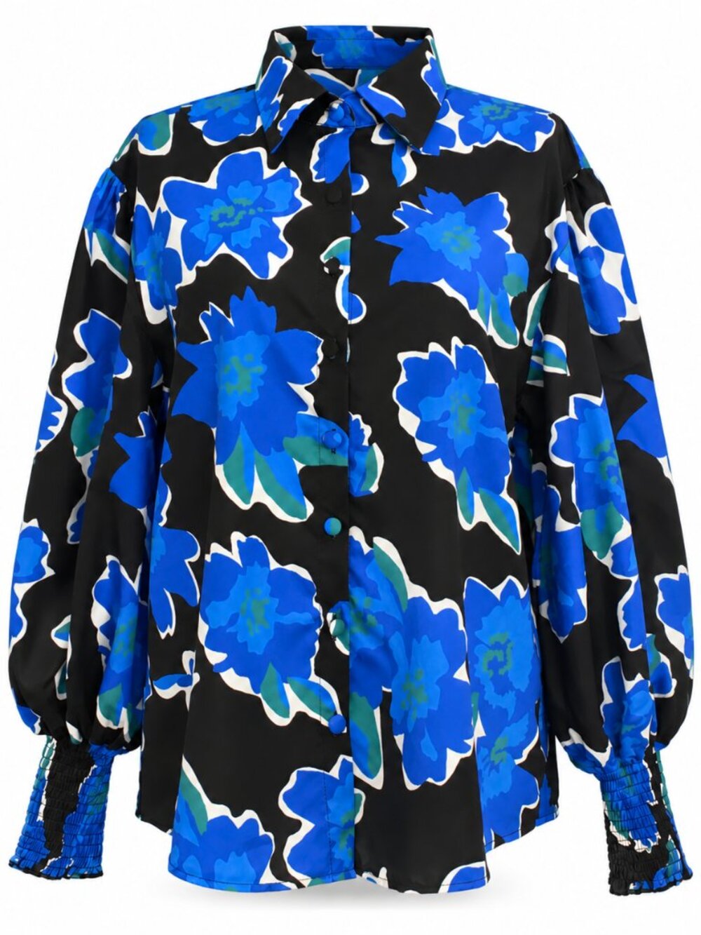 Black Blue Floral Balloon Sleeve Blouse New XL